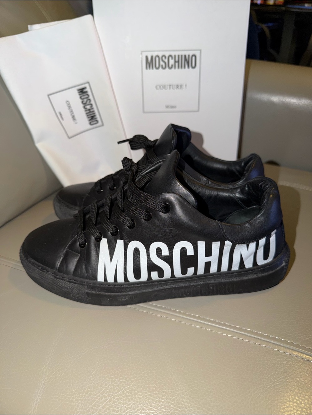 Authentic Moschino Couture Leather Sneakers with White Logo